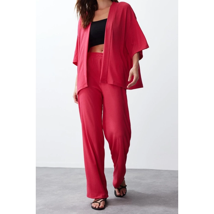 Women Fashion Stylish Wide Leg Long Length Long Sleeve Relaxed Comfortable Cut Knitted Kimona Pants Top-Bottom Set