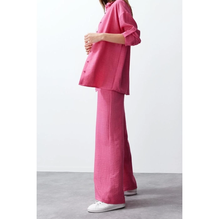 Women Fashion Stylish Regular Length Long Sleeve Woven Shirt-Pants Epaulette Set
