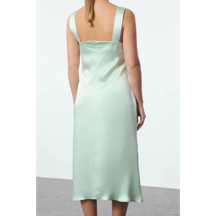Women Fashion Stylish Midi Length Square Neck Regular Chest Detail Satin Strappy Woven Dress