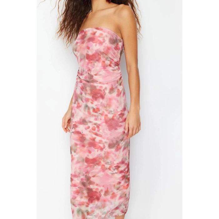 Women Fashion Stylish Maxi Length Strapless Slim Gathered Abstract Patterned Bodycon Stretchy Knitted Pencil Dress