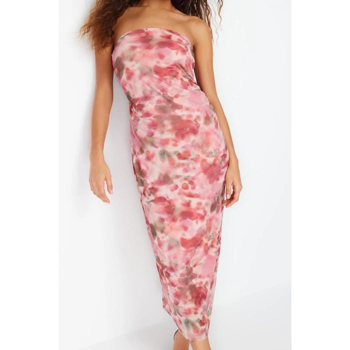 Women Fashion Stylish Maxi Length Strapless Slim Gathered Abstract Patterned Bodycon Stretchy Knitted Pencil Dress