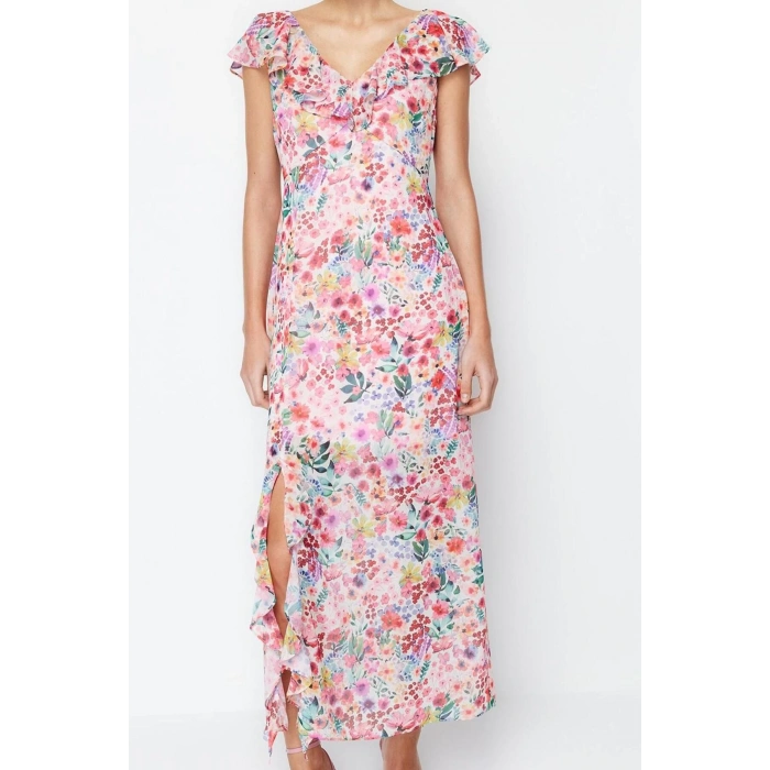 Women Fashion Stylish Maxi Length V Neck Regular Floral A-line Woven Dress
