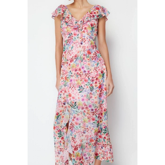 Women Fashion Stylish Maxi Length V Neck Regular Floral A-line Woven Dress