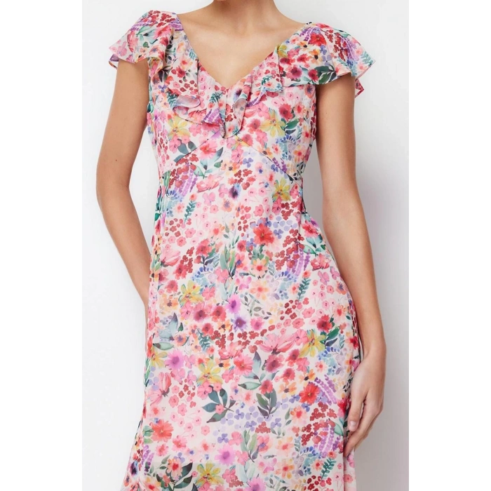 Women Fashion Stylish Maxi Length V Neck Regular Floral A-line Woven Dress