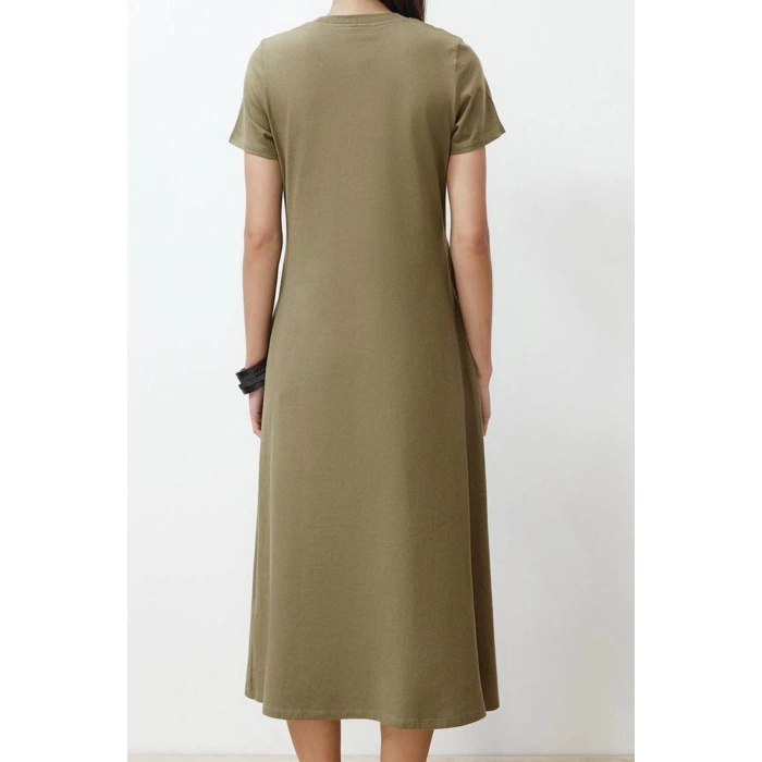 Women Fashion Stylish Midi Length Crew Neck Relaxed Pocket Premium A-Line Knitted Dress