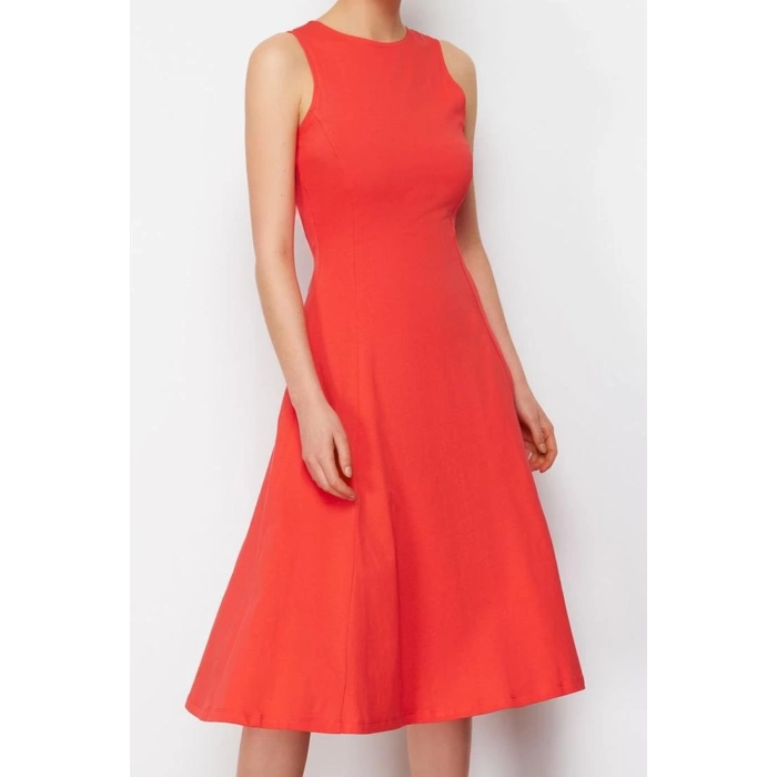 Womens Fashion Stylish Midi Length Crew Neck Flared 100% Cotton Skater Waist Open Sleeveless Knitted Dress
