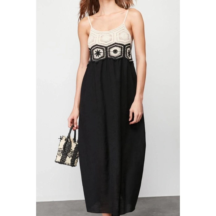 Women Fashion Stylish Maxi Length U Neck Regular Straight Cut Crochet Detailed Strappy Woven Dress