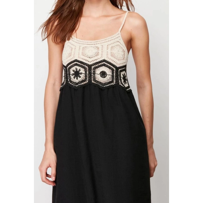 Women Fashion Stylish Maxi Length U Neck Regular Straight Cut Crochet Detailed Strappy Woven Dress