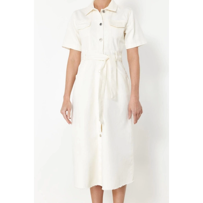 Women Fashion Stylish Maxi Length Shirt Collar Denim Belted Dress