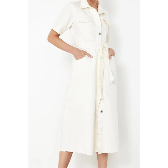 Women Fashion Stylish Maxi Length Shirt Collar Denim Belted Dress