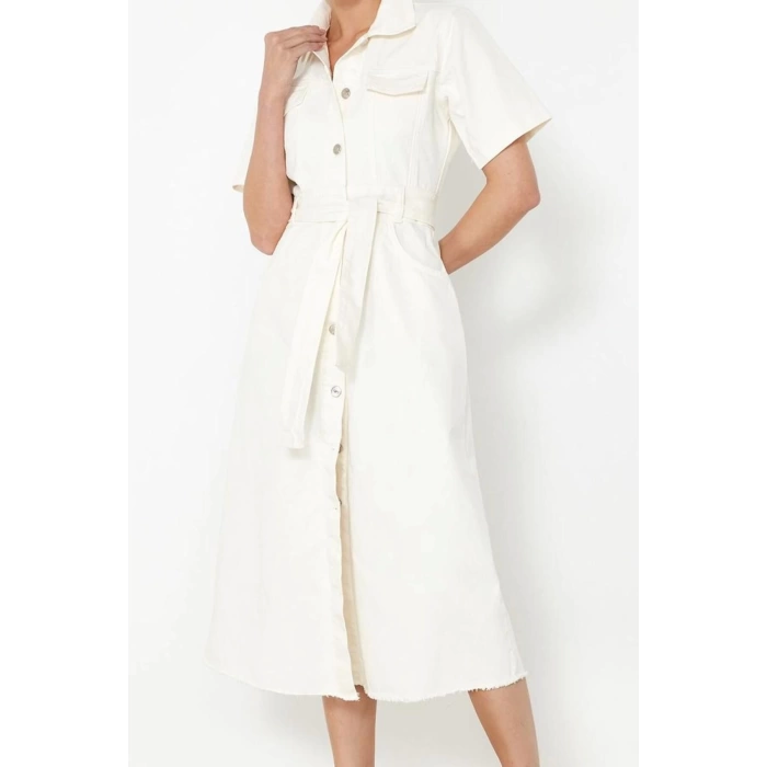 Women Fashion Stylish Maxi Length Shirt Collar Denim Belted Dress