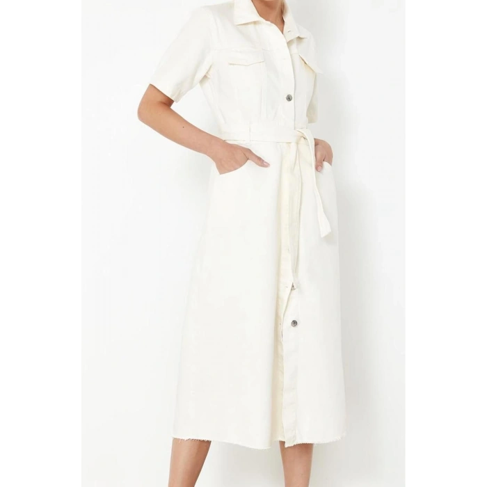 Women Fashion Stylish Maxi Length Shirt Collar Denim Belted Dress