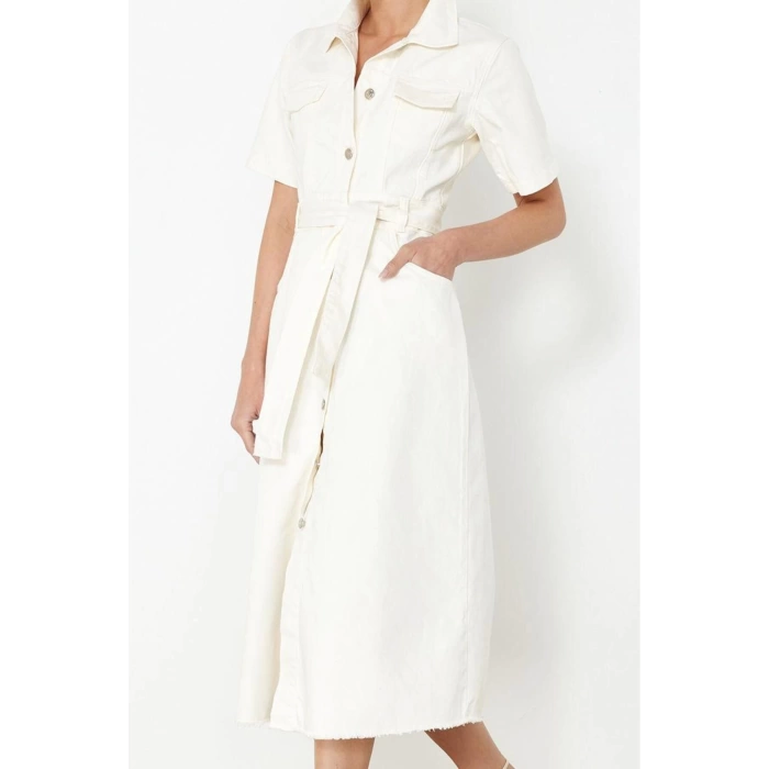Women Fashion Stylish Maxi Length Shirt Collar Denim Belted Dress