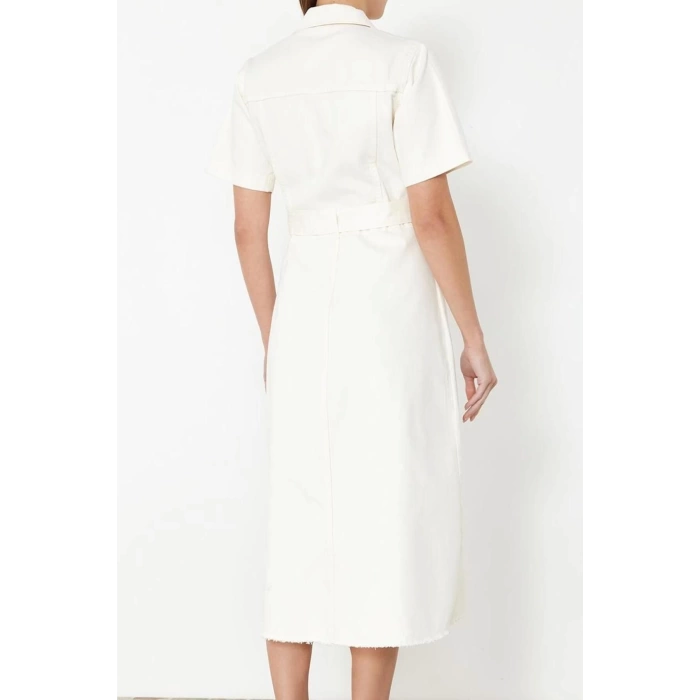 Women Fashion Stylish Maxi Length Shirt Collar Denim Belted Dress