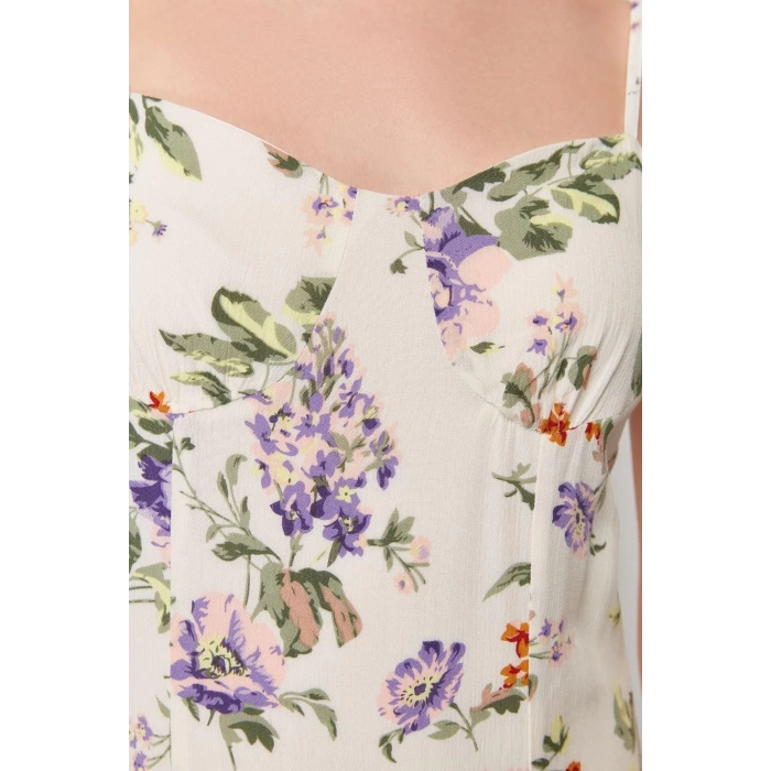 Women Fashion Stylish Midi Length V Neck Regular Floral Patterned Waist Open Woven Dress