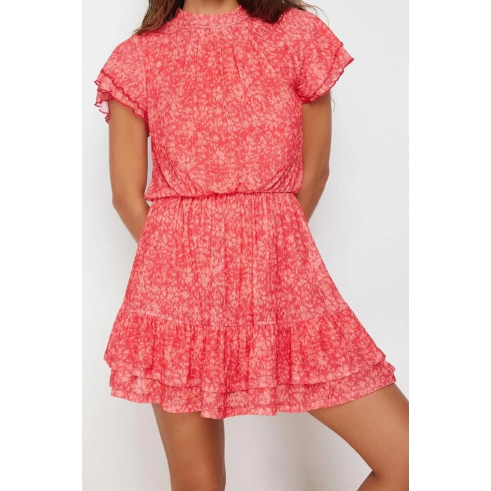 Women Fashion Stylish Mini Length Stand Collar Regular Special Textured Skirt Ruffle Short Sleeve Flexible Knitted Dress