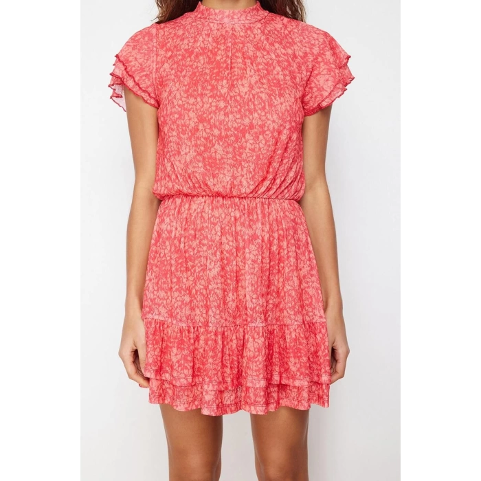 Women Fashion Stylish Mini Length Stand Collar Regular Special Textured Skirt Ruffle Short Sleeve Flexible Knitted Dress