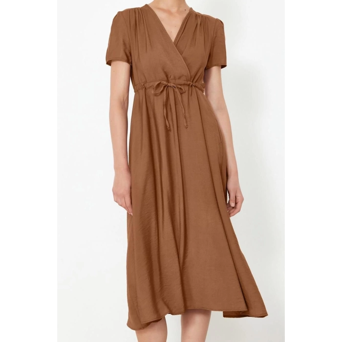 Women Fashion Stylish Midi Length Double Breasted Regular Waist Open V Neck Woven Dress