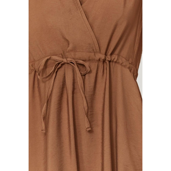 Women Fashion Stylish Midi Length Double Breasted Regular Waist Open V Neck Woven Dress