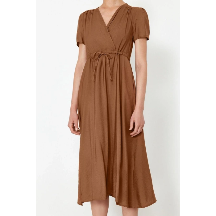 Women Fashion Stylish Midi Length Double Breasted Regular Waist Open V Neck Woven Dress