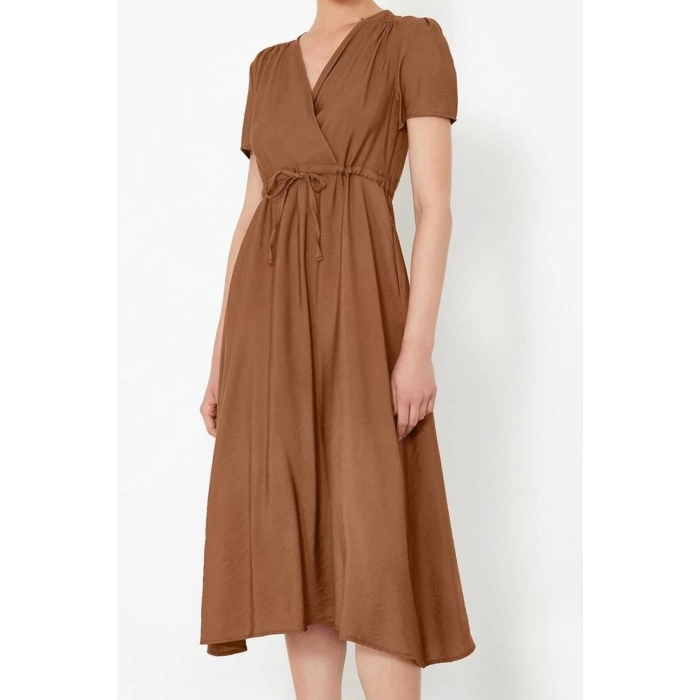 Women Fashion Stylish Midi Length Double Breasted Regular Waist Open V Neck Woven Dress