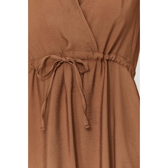 Women Fashion Stylish Midi Length Double Breasted Regular Waist Open V Neck Woven Dress