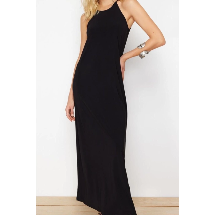 Women Fashion Chic Maxi Length Halter Neck Slim Abstract A-line Bell Drop Stretchy Knitted Pencil Dress