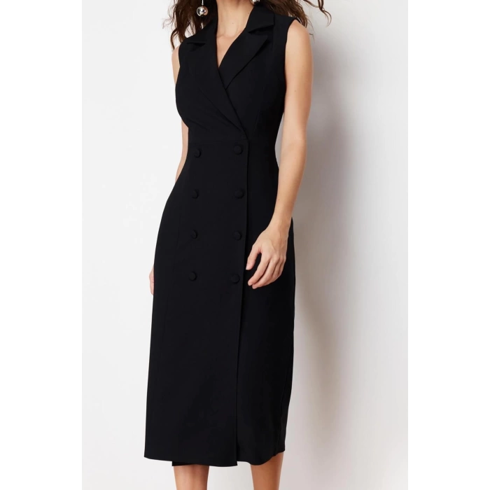 Womens Midi Length Jacket Collar Body-hugging Button Detailed Double-Breasted Sleeveless Pencil Skirt Woven Dress