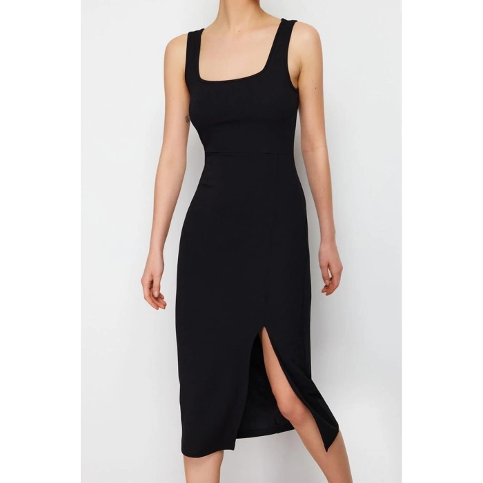 Women Fashion Stylish Midi Length Square Neck Slim Fitted Slit Stretchy Knitted Pencil Dress