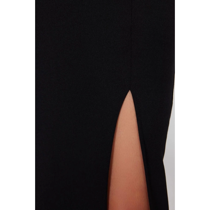 Women Fashion Stylish Midi Length Square Neck Slim Fitted Slit Stretchy Knitted Pencil Dress