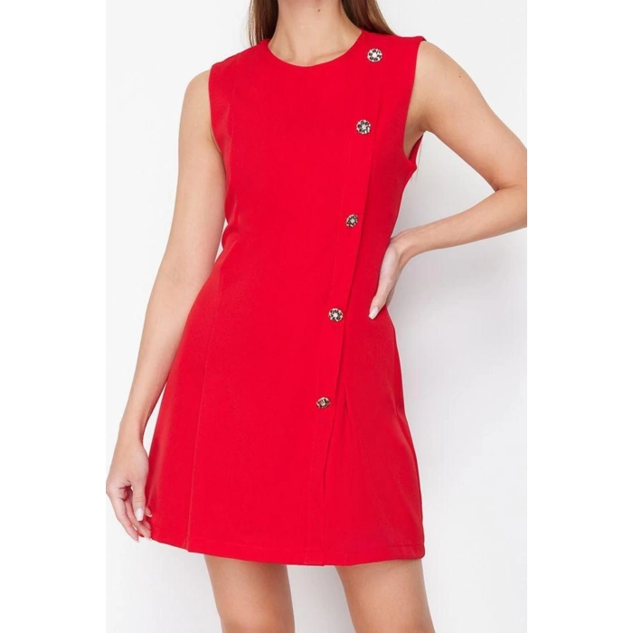 Kadın Moda Şık Mini Boy Bisiklet Yaka Regular Düz Kesim Düğme Detaylı Dokuma Elbise