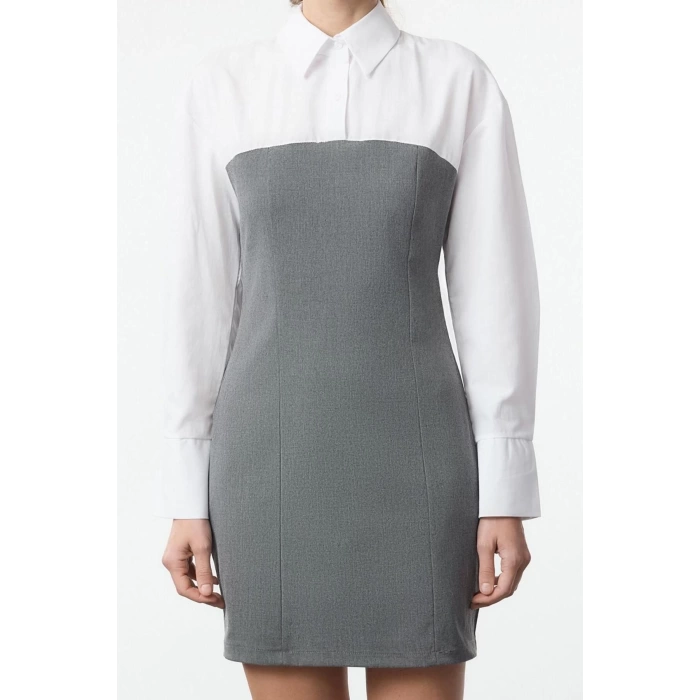 Kadın Moda Şık Mini Boy Gömlek Yaka Slim Düz Bodycone Straplez Detaylı Dokuma Gömlek Elbise