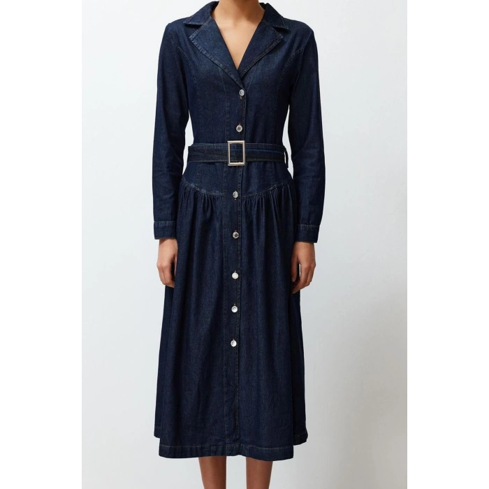 Women Fashion Stylish Maxi Length Shirt Collar Oversize Belted Denim Dress