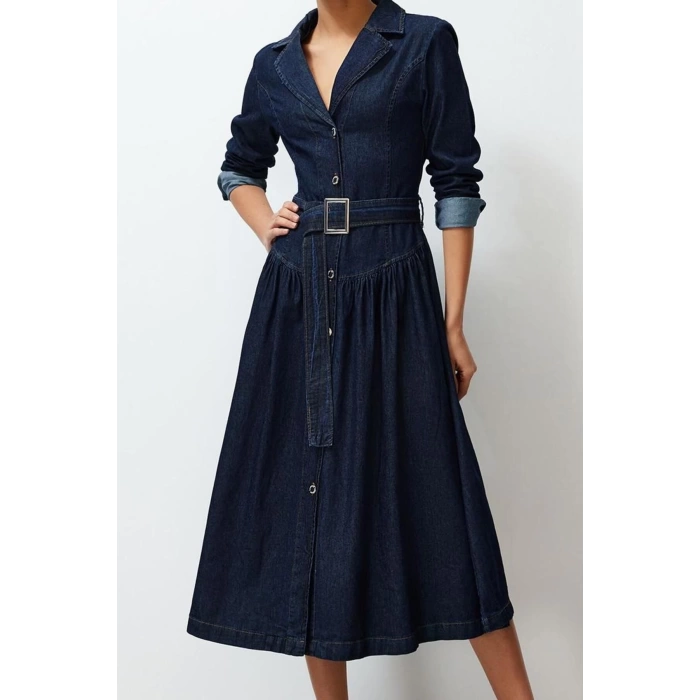 Women Fashion Stylish Maxi Length Shirt Collar Oversize Belted Denim Dress