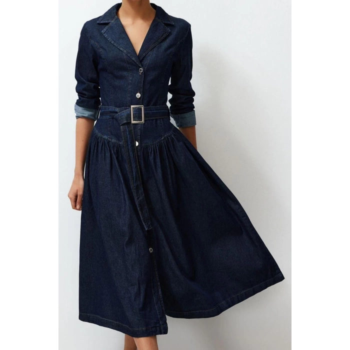 Women Fashion Stylish Maxi Length Shirt Collar Oversize Belted Denim Dress