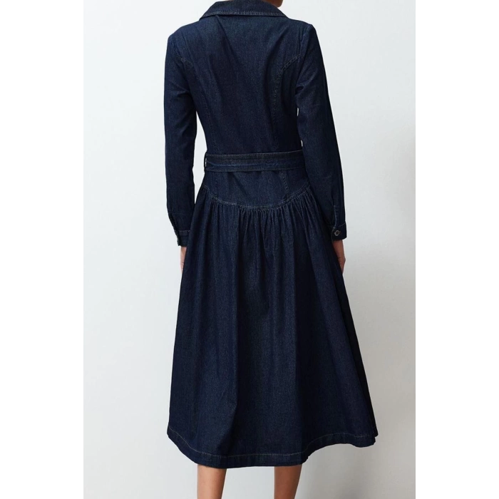 Women Fashion Stylish Maxi Length Shirt Collar Oversize Belted Denim Dress