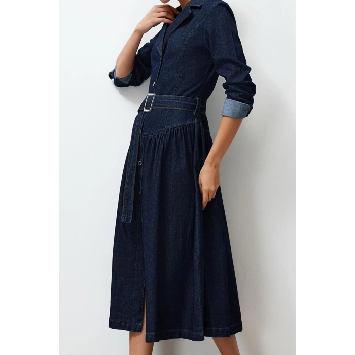 Women Fashion Stylish Maxi Length Shirt Collar Oversize Belted Denim Dress