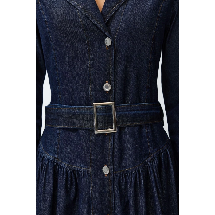 Women Fashion Stylish Maxi Length Shirt Collar Oversize Belted Denim Dress
