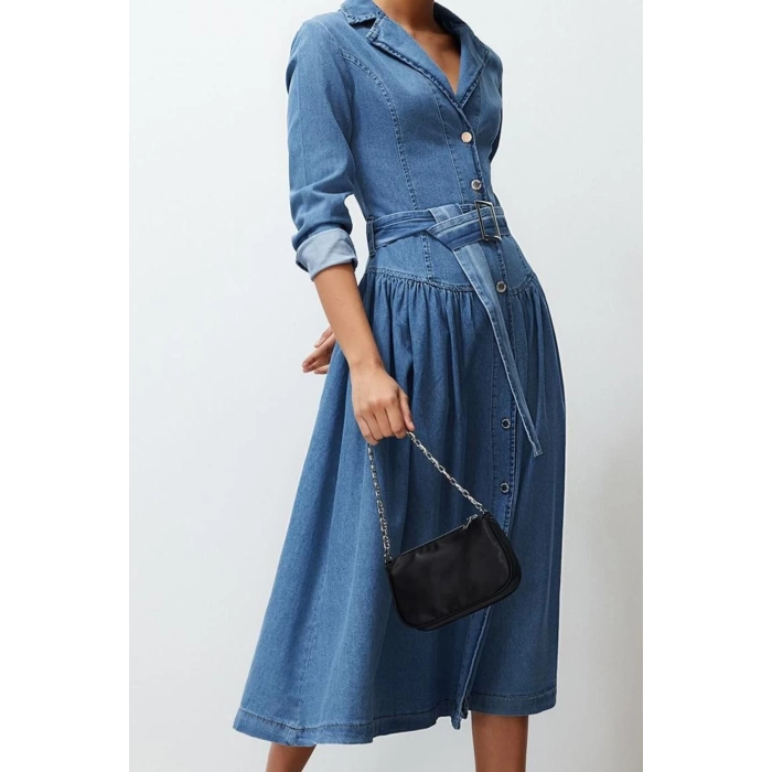 Women Fashion Stylish Maxi Length Shirt Collar Oversize Belted Denim Dress