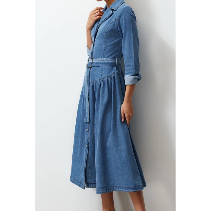 Women Fashion Stylish Maxi Length Shirt Collar Oversize Belted Denim Dress