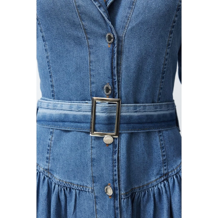 Women Fashion Stylish Maxi Length Shirt Collar Oversize Belted Denim Dress