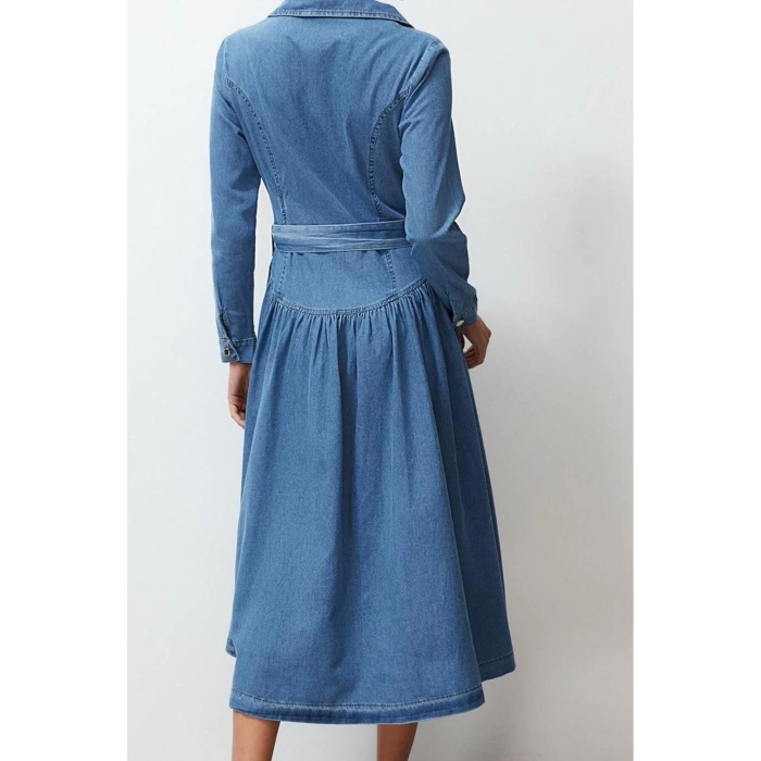 Women Fashion Stylish Maxi Length Shirt Collar Oversize Belted Denim Dress