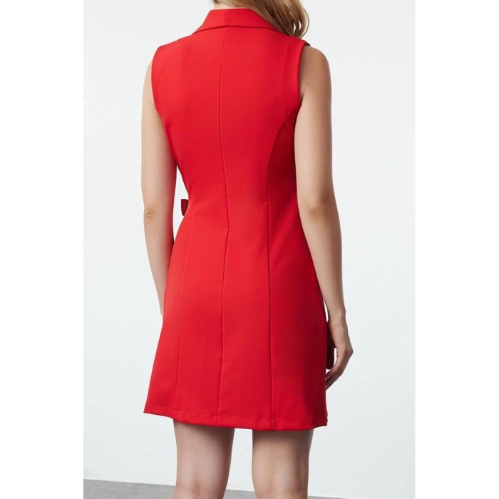 Kadın Moda Şık Mini Boy Ceket Yaka Regular Düz Dokuma Elbise