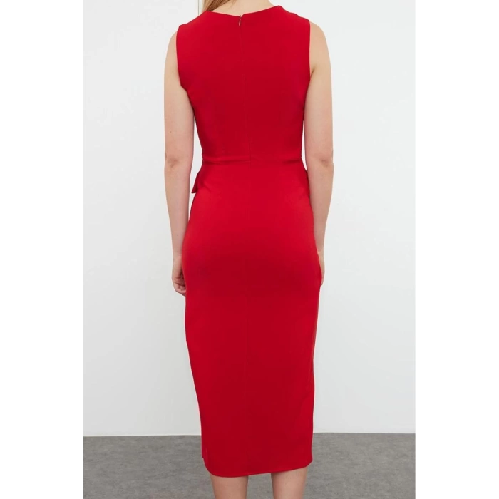 Kadın Moda Midi Boy Kare Yaka Regular Düğme Detaylı Kruvaze Etek Kapamalı Kalem Etek Dokuma Elbise