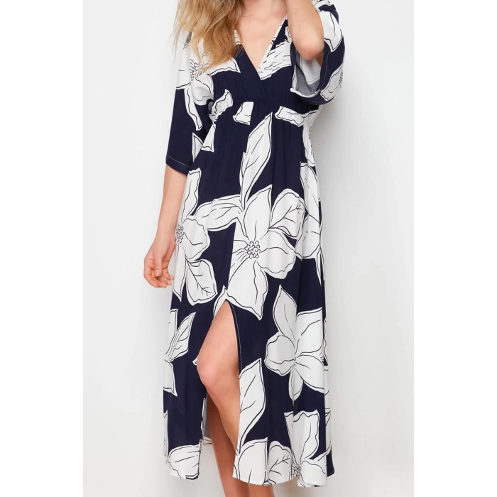 Kadın Moda Şık Midi Boy Kruvaze Regular Çiçek Desenli A Kesim Yaka Dokuma Elbise