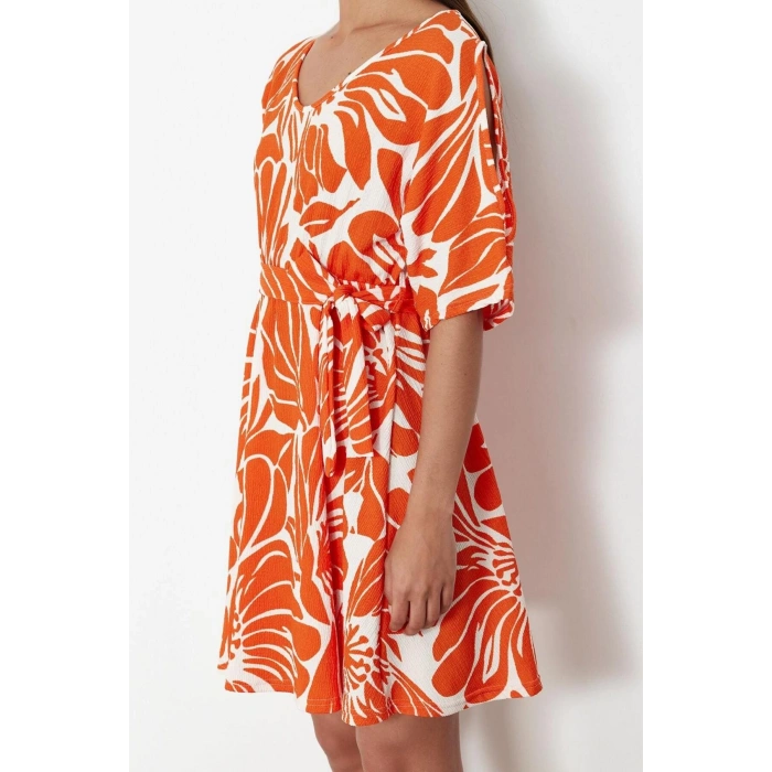 Women Fashion Stylish Midi Length Pool Neck Regular Printed Belted Relaxed Cut Flexible Knitted Dress