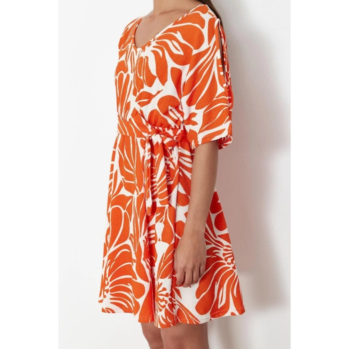 Women Fashion Stylish Midi Length Pool Neck Regular Printed Belted Relaxed Cut Flexible Knitted Dress