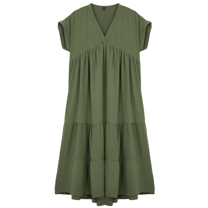 Women Fashion Stylish Midi Length V Neck Regular Plain Wide Cut Skirt Flounce Aerobin Woven Dress