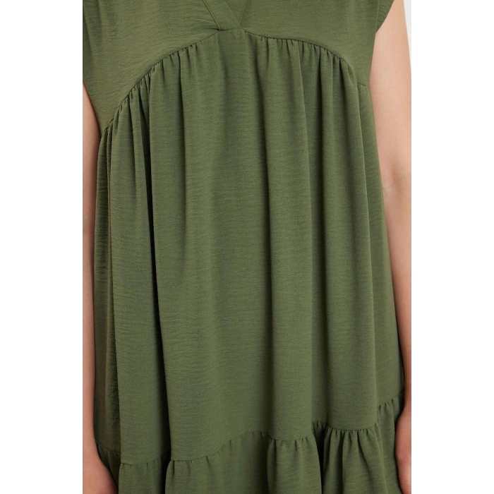 Women Fashion Stylish Midi Length V Neck Regular Plain Wide Cut Skirt Flounce Aerobin Woven Dress
