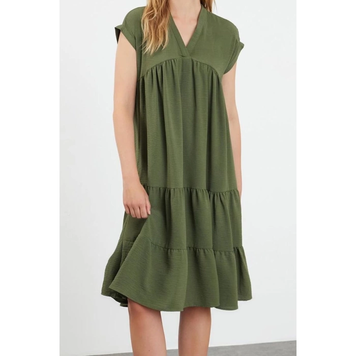 Women Fashion Stylish Midi Length V Neck Regular Plain Wide Cut Skirt Flounce Aerobin Woven Dress